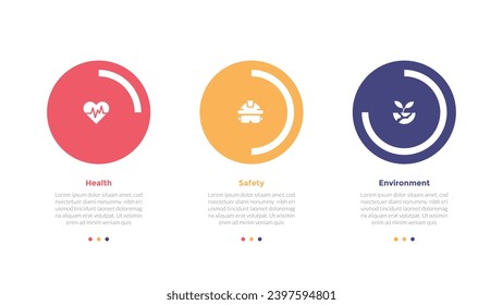 HSE health safety environments infographics template diagram with piechart progress percentage on big circle with 3 point step design for slide presentation