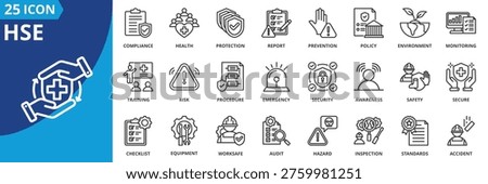 hse icon set collection in outline style. icon pack contain safety, health, environment, protection, security, risk, compliance, hazard, prevention, inspection icon