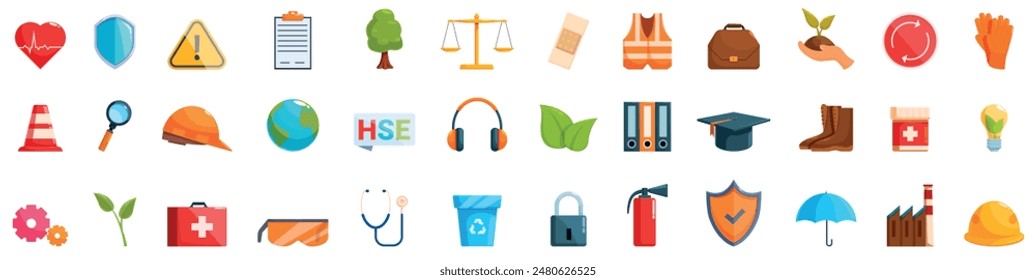 HSE icons set. Health safety environment and security icon set for workplace protecting illustrating different aspects