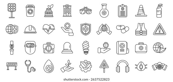  HSE icons set. Protecting workers and planet with healthcare, security measures, and eco conscious practices
