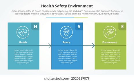 Concepto de infografía HSE para presentación de diapositivas con caja de tabla de bloque grande con flecha con lista de 3 puntos con Vector de estilo plano