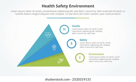HSE infographic concept for slide presentation with creative slice triangle pyramid with 3 point list with flat style vector