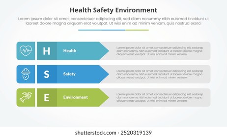 Concepto de infografía HSE para presentación de diapositivas con pila de flechas rectangulares con lista de 3 puntos con Vector de estilo plano