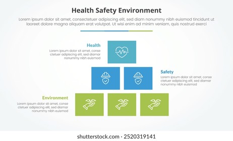 Concepto de infografía HSE para presentación de diapositivas con estructura piramidal rectangular de caja con lista de 3 puntos con Vector de estilo plano