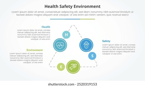 HSE-Infografik-Konzept für Diavortrag mit Dreieckszyklus kreisförmig auf Dreieckslinie verbunden mit 3-Punkt-Liste mit flachem Stil-Vektor