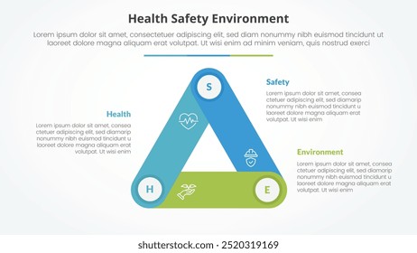 HSE infographic concept for slide presentation with triangle cycle circular round rectangle shape connected with 3 point list with flat style vector
