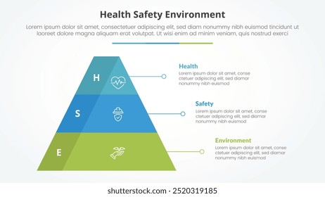 HSE infographic concept for slide presentation with pyramid shape with 3d shadow badge with 3 point list with flat style vector