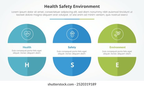 HSE infographic concept for slide presentation with big circle cut truncated half slice with 3 point list with flat style vector