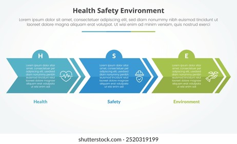 HSE infographic concept for slide presentation with creative arrow horizontal block shape with 3 point list with flat style vector
