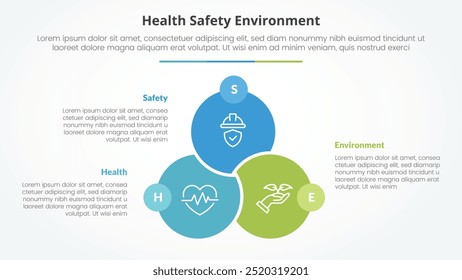 Conceito infográfico HSE para apresentação de slides com distintivo de união vinculado ao grande círculo oposto com lista de 3 pontos com vetor de estilo plano