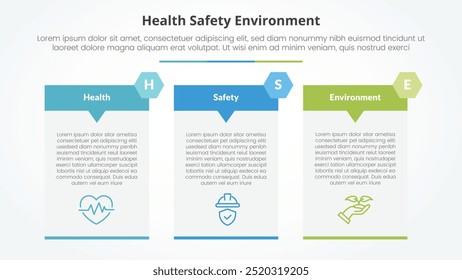 Concepto de infografía HSE para presentación de diapositivas con insignia de encabezado de flecha de tabla grande con lista de 3 puntos con Vector de estilo plano