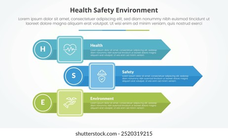 Concepto de infografía HSE para presentación de diapositivas con pila de flechas rectangulares con borde circular con lista de 3 puntos con Vector de estilo plano