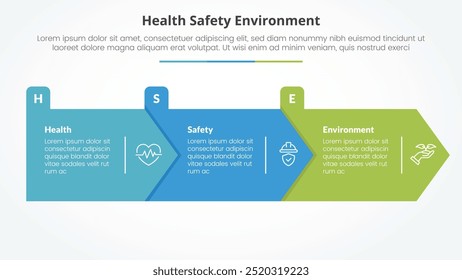 Concepto de infografía HSE para presentación de diapositivas con forma de rectángulo de flecha grande dirección derecha con lista de 3 puntos con Vector de estilo plano