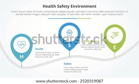 HSE infographic concept for slide presentation with pin tagging location road up and down with 3 point list with flat style vector