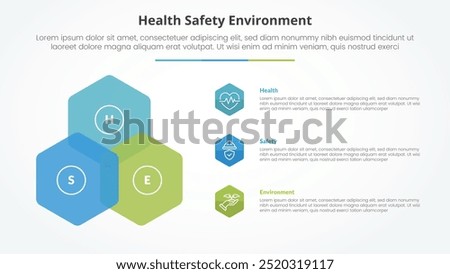 HSE infographic concept for slide presentation with hexagon create triangle shape on left column with 3 point list with flat style vector