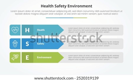 HSE infographic concept for slide presentation with rectangle arrow stack with 3 point list with flat style vector