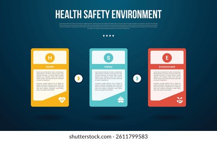 HSE infographic template with big table box with creative accessories on right bottom with dark background style with 3 point for slide presentation vector