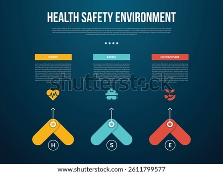 HSE infographic template with creative arrow shape top direction with dark background style with 3 point for slide presentation vector