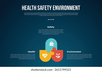HSE infographic template with cycle circular round rectangle with puzzle jigsaw connection with dark background style with 3 point for slide presentation vector