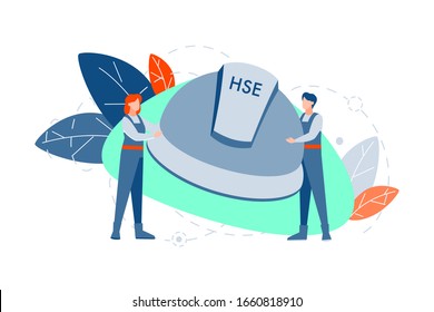 HSE, Protection Concept. Young Couple, Man And Woman Hold Big Helmet Together With Hse Acronym Or Abbreviation Letters On It. Health Protection, Industrial Enviromental Care Illustration. Flat Vector