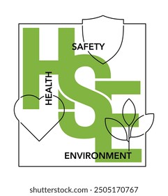 HSE strategy visual - Health, Safety and Environment. Goals for preventing injuries, illnesses, and harmful environmental releases. Thin line and green fill