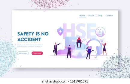 HSE Website Landing Page. Tiny Male and Female Characters and Attributes for Working. Environmental Protection and Health Safety Environment at Work Web Page Banner. Cartoon Flat Vector Illustration