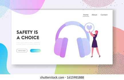 Hse Website Landing Page. Woman Holding Heart Icon in Hands Stand near Huge Headset for Workers Ears Protection on Factory. Health Safety Environment Web Page Banner. Cartoon Flat Vector Illustration