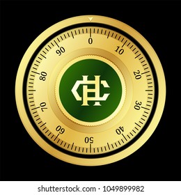 Hshare (HSR) cryptocurrency safe lock. Eps10 vector illustration isolated on black background.