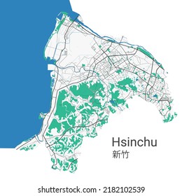 Hsinchu vector map. Detailed map of Hsinchu city administrative area. Cityscape panorama. Royalty free vector illustration. Road map with highways, rivers.