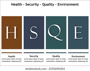 HSQE - Saúde, Segurança, Qualidade, Meio Ambiente Acrônimo. Modelo de infográfico com ícones e espaço reservado para descrição