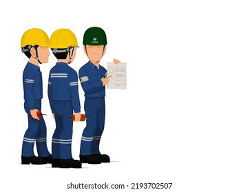 HSSE officer is instructing workers on white background