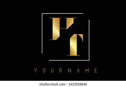 HT Golden Letter Logo with Cutted and Intersected Design and Square Frame Vector Illustration