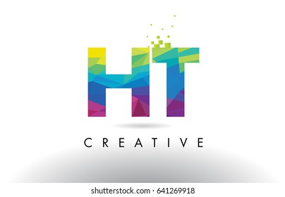 HT H T Colorful Letter Design with Creative Origami Triangles Rainbow Vector.