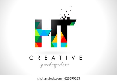 HT H T Letter Logo with Colorful Vivid Triangles Texture Design Vector Illustration.