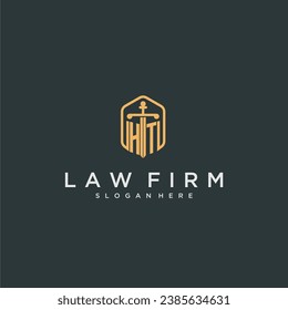 HT initial logo monogram with shield and sword style design for law firm