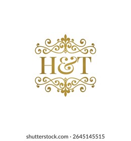 HT initials logo ornament gold. Letter HT wedding ampersand or business partner symbol