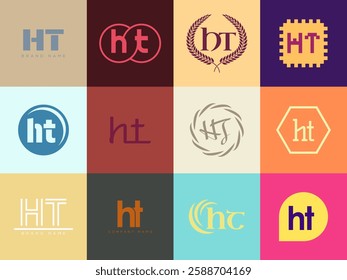 HT logo company template. Letter h and t logotype. Set different classic serif lettering and modern bold text with design elements. Initial font typography. Collection trendy business identity.