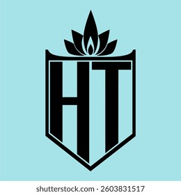 HT Logo featuring a minimalist design with a crown-like flower symbol on top, bold black elements, and a soft blue background, perfect for branding and modern visual identity.