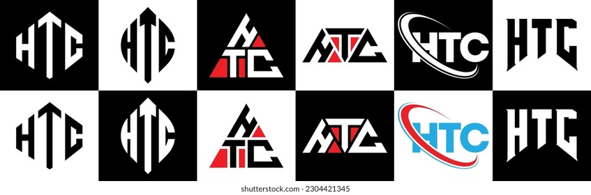 HTC Buchstaben Logo Design in sechs Stil. HTC Polygon, Kreis, Dreieck, Hexagon, flacher und einfacher Stil mit schwarz-weißem Farbänderungslogo in einer Zeichenfläche. HTC minimalistisches und klassisches Logo