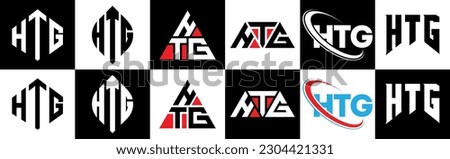 HTG letter logo design in six style. HTG polygon, circle, triangle, hexagon, flat and simple style with black and white color variation letter logo set in one artboard. HTG minimalist and classic logo
