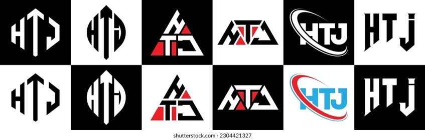 HTJ letter logo design in six style. HTJ polygon, circle, triangle, hexagon, flat and simple style with black and white color variation letter logo set in one artboard. HTJ minimalist and classic logo