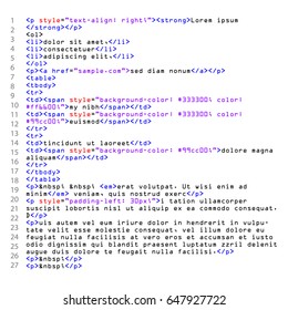 HTML Abstract Code Vector. Colorful Tags In Browser View. Source Code. Abstract Computer Script.