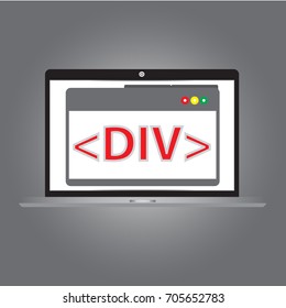 HTML code div on the laptop with simple vector design - Code HTML of concept