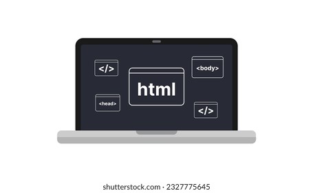 HTML code illustration on laptop screen. Desktop programming vector