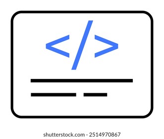 Um símbolo de código HTML é exibido com marcas em linhas azuis e horizontais em preto em um plano de fundo branco e minimalista. Ideal para codificação, desenvolvimento web, programação, tutoriais de software e ensino técnico