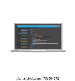  HTML code website. Laptop coding, programming  concept. Vector illustration.