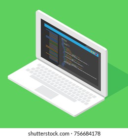  HTML code website. Laptop coding, programming  concept. Vector illustration.