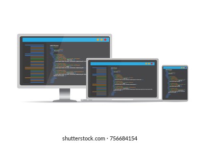 HTML code website. Laptop, desktop, tablet coding, programming  concept. Vector illustration.