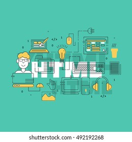 HTML coder creative banner. Colorful HTML line icons composition. Vector illustrations for business, corporate design, computer store.