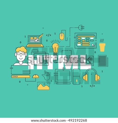 HTML coder creative banner. Colorful HTML line icons composition. Vector illustrations for business, corporate design, computer store.